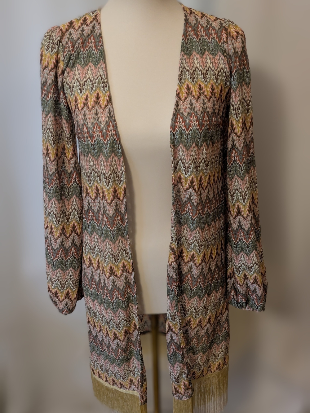 gimmicks by BKE Multicolor Chevron Open-Front Cardigan with Fringe